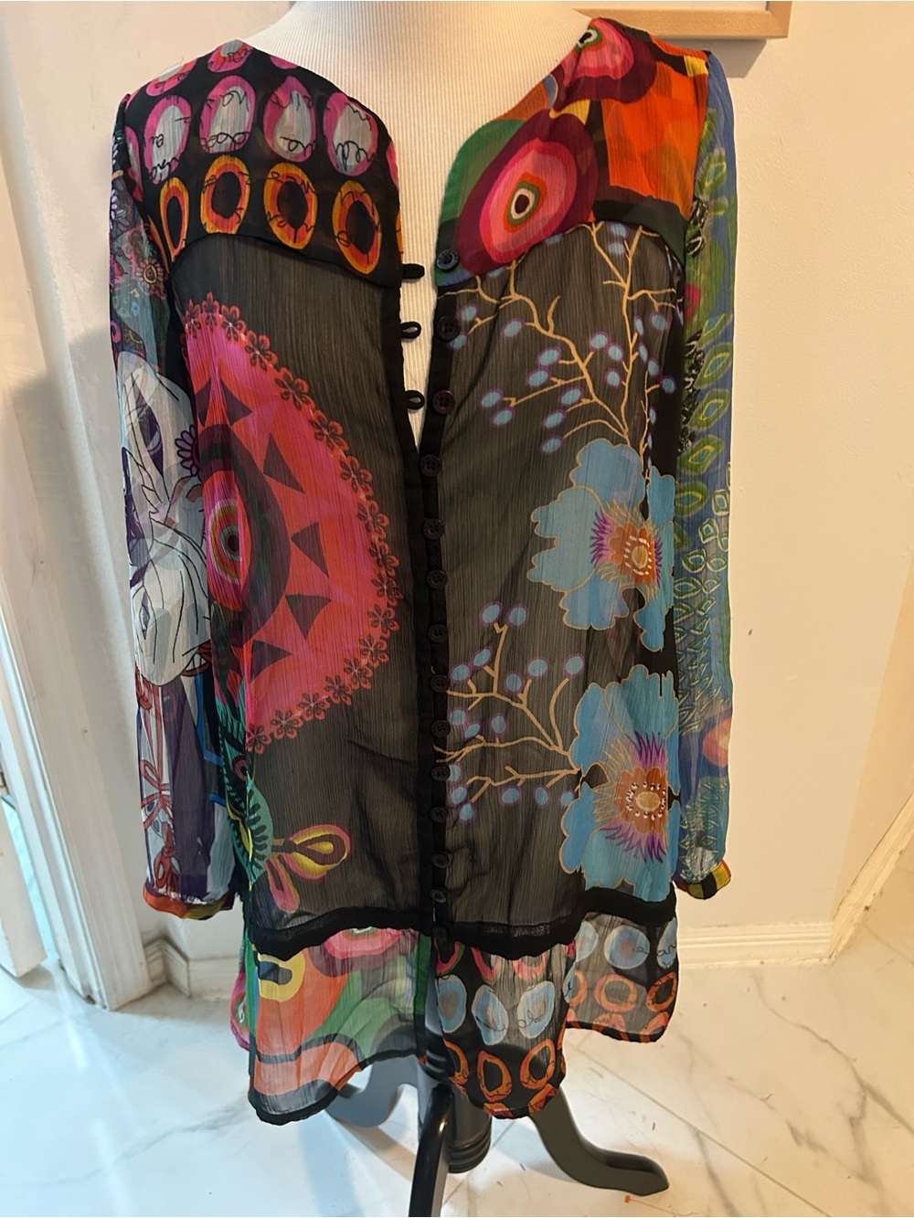 Desigual Printed Mesh Blouse Top Floral Abstract Sheer Button Boho Artistic S